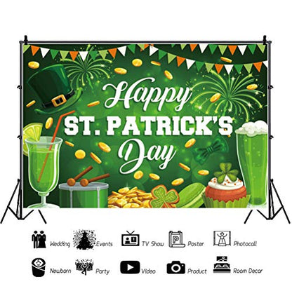 7x5ft Polyester Happy St.Patrick's Day Backdrop Cartoon Green Four-Leaf Clover Green Hat Pot of Gold Photography Background Lucky Irish Shamrock for Children Baby Adults Portraits Photo Studio - color: Green 39852