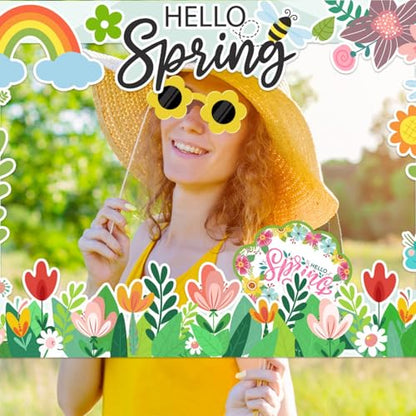 Hello Spring Party Photo Booth Props Kit- 25 Pcs Spring Photo Booth Props with 1 Paper Photo Frame for Spring Summer Easter Flower Themed Birthday Party Decorations