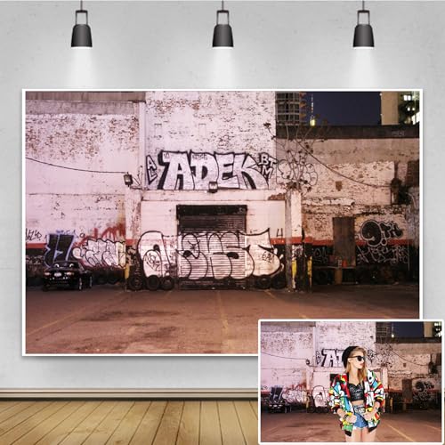 Renaiss 6x4ft Graffiti Photography Backdrops Abandoned Building Print on Brick Wall Photo Background Retro-Industrial Style Banner Adults Boys Portrait Studio Props Birthday Party Decor Supplies - color: Pink, size: 6x4ft