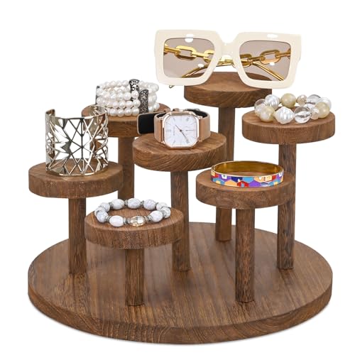 Ikee Design 7-Tier Wooden Display Riser for Jewelry, Accessories, and Collectibles items Wooden Jewelry and Figurine Display Risers, Multilevel Stand for Action Figures and Home Decor, Brown Color - color: Brown, 7-Tier