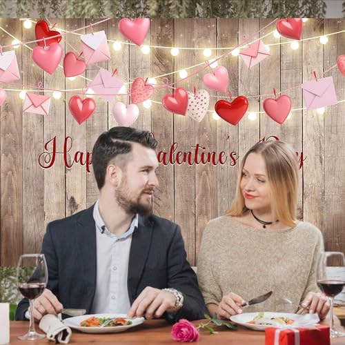 Rustic Valentine's Day Photography Backdrop 72 x 44 Inch - Wooden Happy Valentine's Day Banner with Hearts & Lights for Romantic Shoots - color: Wooden