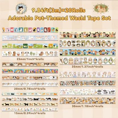 Cat Dog Washi Tape Set 20 Rolls, Cute Decorative Masking Tape for Junk Journal and Scrapbooking, DIY Crafting Supplies - style: Cat & Dog