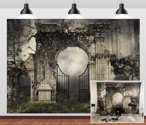Gothic Palace Garden Backdrop Fabric 7x5ft Vintage Rose Ivy Arch Buliding Backdrop Fantasy Dark Forest Scene Background Birthday Wedding Party Decorations Girls Portrait Photo Booth Props - size: 7x5FT
