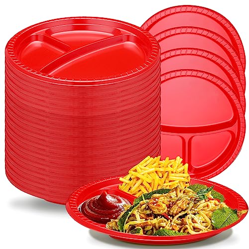 Umigy 100 Pcs 10 Inch 3 Compartments Divided Plastic Plates Bulk Colorful Disposable Heavy Duty Round Dinnerware for Valentine Wedding Birthday Party(Red) - color: Red