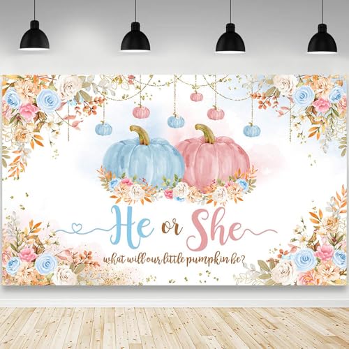 AIBIIN Pumpkin Gender Reveal Backdrop He or She What Will Our Little Pumpkin Be Photography Background Blue Pink Floral Fall Gender Reveal Party Decorations Photo Booth Props 94.5 x 70.8 inch - color: Blue Pink 2, size: 94.5x70.8inch