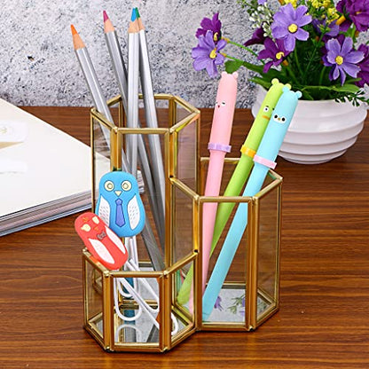 Hipiwe 3 Slots Glass Makeup Brush Holder - Gold Hexagon Cosmetics Brush Eyeliners Display Cup Home Decorative Makeup Organizer Desktop Pen/Pencil Pot Holder for Office - style: 3-Slot Hexagon,Gold