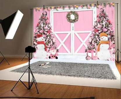 15 x 10 ft Christmas Photography Backdrop, Pink Xmas Tree Winter Snowing Christmas Hili Barn Door Photo Shoot Props Backround Party Banner Decoration - size: 15 x 10 ft