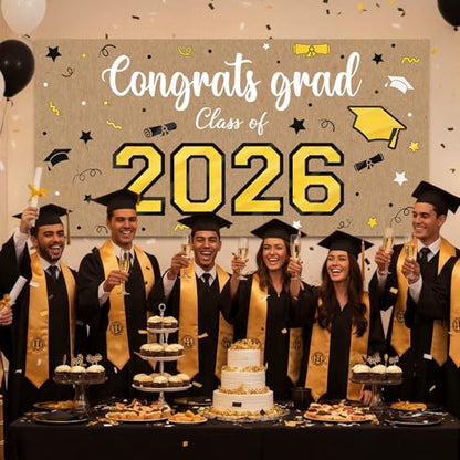 Feifeiya Kraft Paper Graduation Backdrop 2026-62" x 31" Large Brown Congrats Grad Banner Class of 2026 Black and Gold Grad Photography for Wall Graduation Party Classroom Decoration