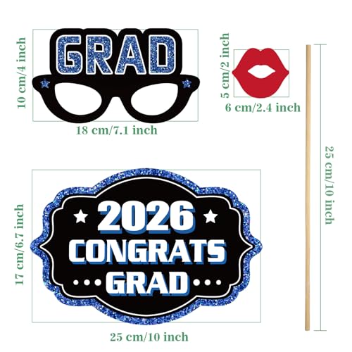 Blulu 24 Pieces 2026 Graduation Party Photo Booth Props Kit, Funny Graduation Party Selfie Props, Selfie Photo Frame for High School and College Grad Favors Supplies(Blue) - color: Blue
