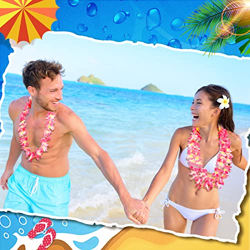 Hoteam 24 Counts Pink Hawaiian Leis Necklace Tropical Flower Lei Floral Luau Party Decorations Hawaiian Flower Luau Necklaces Hula Dance Garland Headbands for Beach Birthday Wedding Party Favors - color: Pink