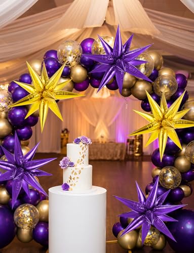 74 PCS Purple Gold Star Balloons Foil, 26 Inch Large Explosion Cone Balloons, 12 Spike Mylar Balloon for Birthday Graduation Prom Festival Ceremony Party Decorations - color: Purple, Gold, 26 Inch
