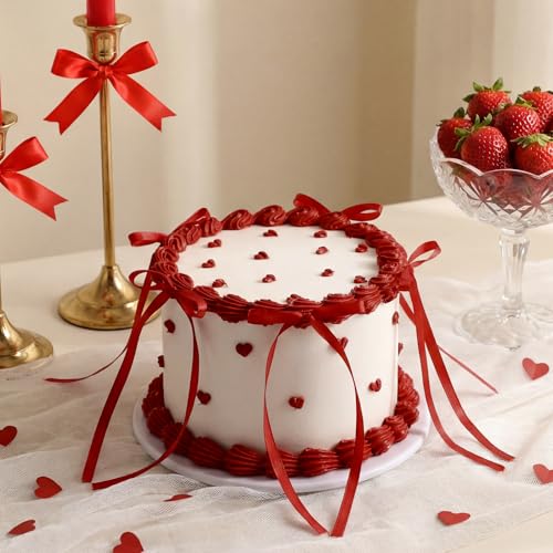 Remerry 6 Inch Red Bow White Round Fake Cake Funny Birthday Cake Decor Wedding Dessert Props Artificial White Dessert for Display Photography Women Birthday Wedding Gift - color: Red, style: Round