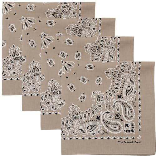 The Peacock Crew Premium Soft Cotton Bandanas Pack for Men and Women Paisley 22 x 22 inches - color: Pack of 4 Taupe