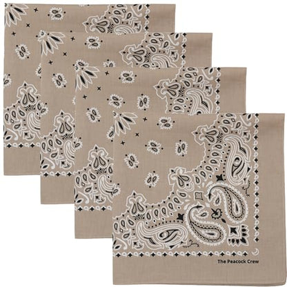 The Peacock Crew Premium Soft Cotton Bandanas Pack for Men and Women Paisley 22 x 22 inches - color: Pack of 4 Taupe