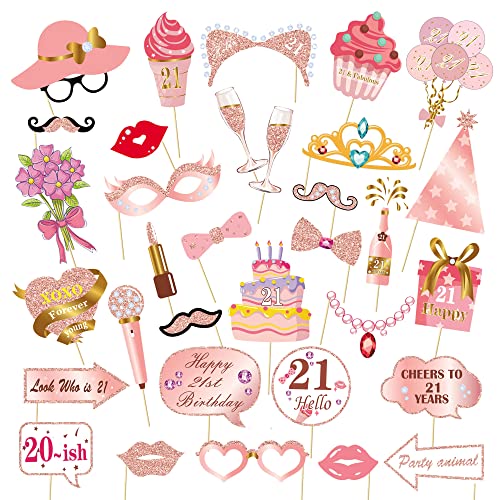 Birthday Decorations, Tumwisk 33PCS 21st Birthday Decorations for Girls, Rose Gold Happy 21st Photo Booth Props Glitter Girl Party Selfie Props (21st) - color: 21st