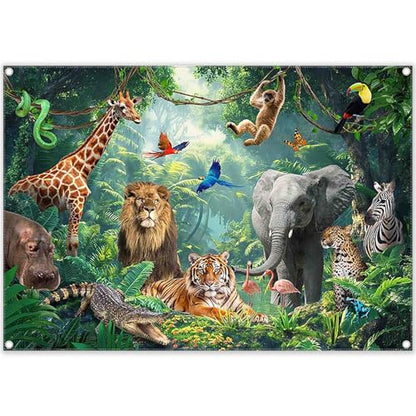 Fabric 7x5ft Jungle Forest Animals Photography Backdrop Tropical Rainforest Safari Background Wild Party Decorations Kids Event Photo Banner Props - size: 7'x5'