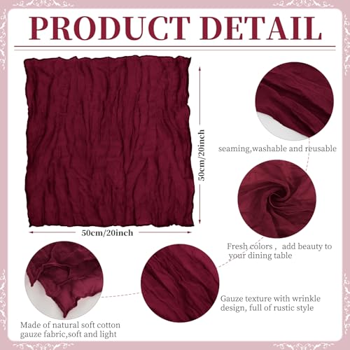 42 Pcs Burgundy Gauze Cheesecloth Napkins, 20 x 20 Inch Wrinkled Rustic Boho Dinner Napkins for Wedding,Dinner,Parties - color: Burgundy, size: 20" x 20" (Set of 42)