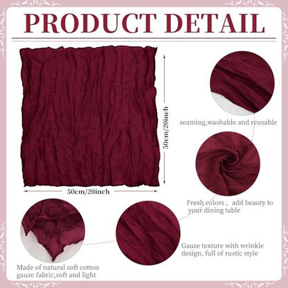 42 Pcs Burgundy Gauze Cheesecloth Napkins, 20 x 20 Inch Wrinkled Rustic Boho Dinner Napkins for Wedding,Dinner,Parties - color: Burgundy, size: 20" x 20" (Set of 42)