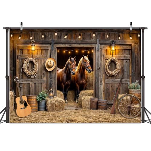 Wathon Western Cowboy Backdrop for Photography Southwest Country Ranch Photo Backdrop Retro Rustic Barn Door with Cactus Guitar Texas Photo Background Booth Video Studio Props 7X5FT - color: Horse, size: 7X5FT