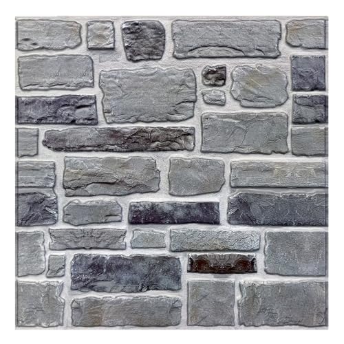 COMSTICKC 3D Faux Stone Wall Panel Peel and Stick Wall Tiles, 10 Pcs of 12"X12", Ultra-Light Thin PVC Rock Adhesive Fake Stone Wallpaper Paneling Backsplash Interior Decor, Gray - color: Vintage Gray Stone