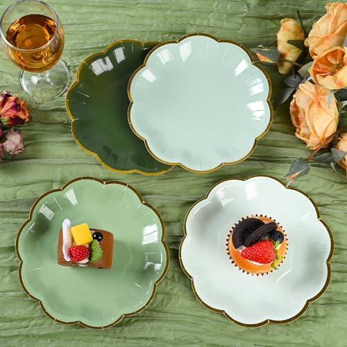 AimFun Sage Green Party Plates Gradient Green Dessert Paper Plate 7inch Gold Foil Scalloped Edge Disposable Cake Plates for Christmas Birthday Bridal Baby Shower Wedding Party Supplies (48) - color: Sage Green