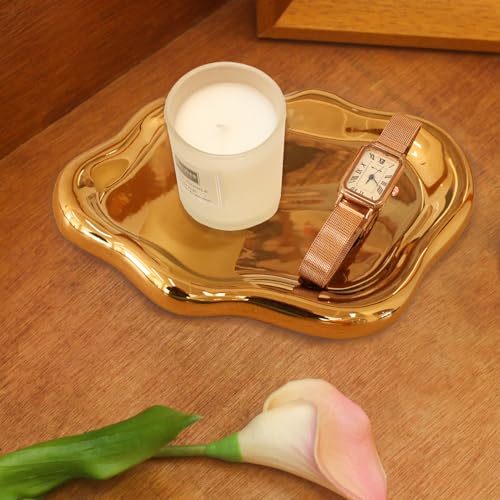 CCINPPY Ceramic Jewelry Tray Trinket Dish, Decorative Cloud Vanity Key Tray for Women, Ring Holder Dish, Cute Jewelry Plate Bowl Room Decor Aesthetic, Gold, Large - color: Gold, size: 10.2" x 6.3" x 0.6"