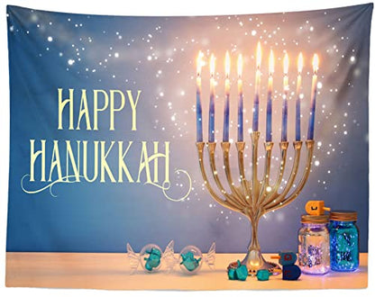 BELECO 9x6ft Fabric Happy Hanukkah Photography Backdrop Menorah Glitter Bokeh Lights Gyro Chanukah Holiday Decorations Banner Background Jewish Holy Festival Israel Party Supplies Studio Photo Props - size: 9x6FT