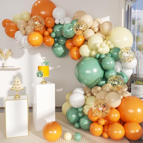 MEBAY Sage Green Orange Balloon Arch Kit, 141Pcs Pea Green Orange Pastel Yellow Sand White and White Latex Balloons for Birthday Wedding Baby Shower Gender Reveal Anniversary - color: 141-green Orange