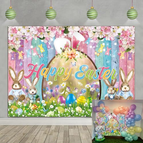 Happy Easter Backdrop Colorful Wood Photography Background Spring Flower Bunny Eggs Backdrop for Easter Themed Party Decoration Banner (94X70 inch (8x6FT)) - size: 94X70 inch (8x6FT)