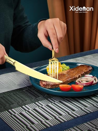 16-Piece Modern Champagne Gold Hammered Silverware Set with Ultra Sharp 2-IN-1 Serrated Knive, Golden 18/10 Stainless Steel Flatware Set, Utensil Cutlery Set for 4 Person, Forks Spoons Knives - color: Champagne Gold