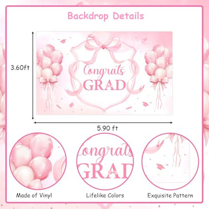 Congrats Grad Decorations Backdrop Banner Pink 5.9×3.6 ft, Bow Graduation Decorations Backdrop Background Photo Booth Prop Vinyl for Girl Class of 2026 Congrats Grad Congratulations Party - size: 5.9*3.6ft