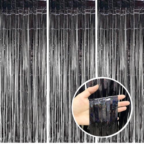 3 Pack Foil Curtain Backdrop 3.3x6.6 ft Tinsel Fringe Curtains for Parties Metallic Streamers Photo Booth Props,Wedding & Birthday,Holiday Decorations Disco,Bachelorette,Door Hanging Decor (Black) - color: Black