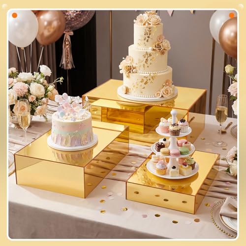 3 Pack Extra Large Acrylic Buffet Risers - 14”, 12”, 10” Gold Display Stands with Hollow Bottoms, Cube Riser Boxes Nesting for Dessert Food Catering Buffet Display Party Supplies - color: Gold, size: 14”,12”,10”