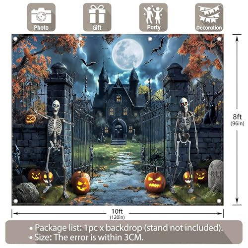 10x8ft Fabric Castle Halloween Backdrop Full Moon Night Scary Skeleton Pumpkin Bat Haunted House Photography Background Spooky Party Decor Photo Props - size: 10'x8'