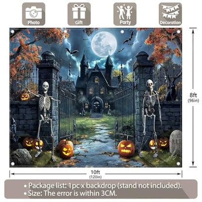 10x8ft Fabric Castle Halloween Backdrop Full Moon Night Scary Skeleton Pumpkin Bat Haunted House Photography Background Spooky Party Decor Photo Props - size: 10'x8'