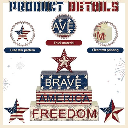 Geelin 6 Pieces Memorial Day Table Decorations Patriotic Wooden Block Signs 4th of July Centerpieces Freedom Brave Red White Blue Tiered Tray Decor for Home 250th Anniversary - style: Star
