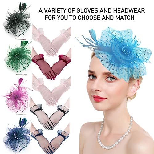 Fascinators Hats with Gloves Set for Women 20s 50s Cocktail Tea Party Wedding Costume Headwear - color: 02 Sky Blue