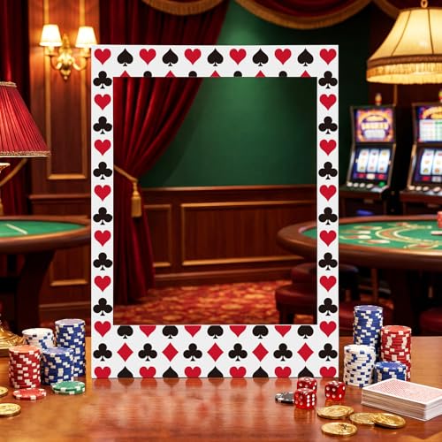 Amyhill 32 x 24 Inches Casino Theme Photo Booth Frame Jumbo Large Vegas Themed Party Decorations DIY PVC Cutouts Photo Booth Prop for Vegas Themed Events Weddings Game Night Decor Party Supplies - style: Casino