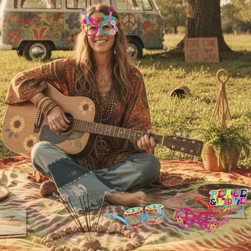 Pajean 36 Pcs 60s Party Decorations 60's Photo Booth Prop 60 Hippie Themed Eyeglasses Paper Glasses Frame Tie Dye Groovy Peace Love Themed Favor for 60's Hippie Birthday Party Favor Supplies - style: Hippie