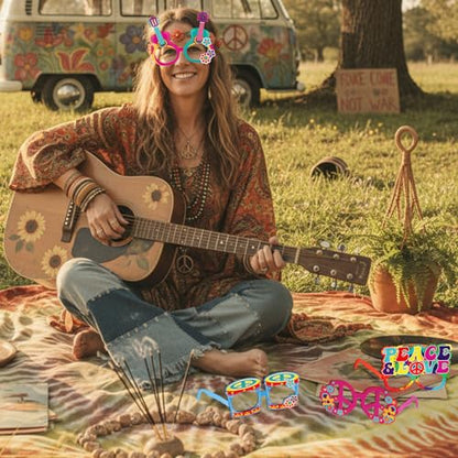 Pajean 36 Pcs 60s Party Decorations 60's Photo Booth Prop 60 Hippie Themed Eyeglasses Paper Glasses Frame Tie Dye Groovy Peace Love Themed Favor for 60's Hippie Birthday Party Favor Supplies - style: Hippie