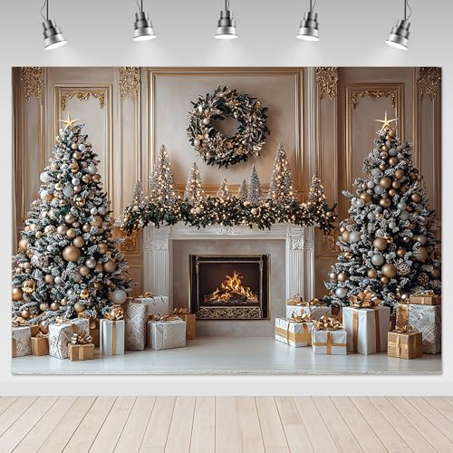 Mocsicka Christmas Fireplace Backdrop Gold Christmas Tree Fireplace Background Photography Decorations Christmas Eve Background Photo Props (7x5ft) - size: 7x5ft