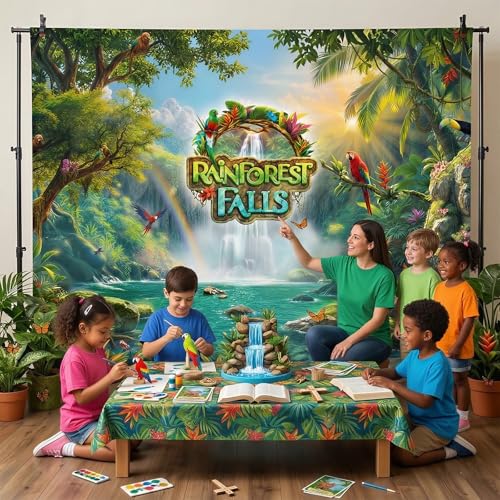 Rainforest Falls VBS Backdrop Rainforest Party Decorations for 2026 VBS Sunday School Classroom Banner Photo Props 7x5FT