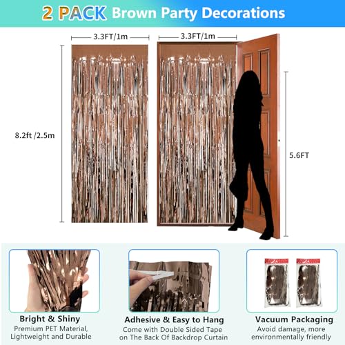 Brown Backdrop Tinsel Foil Curtain Football Party Decorations Streamers 2 Pack 3.3x8.2 ft for Birthday Superball Party Supplies Game Day Decorations Graduation Wedding Baby Shower Bridal Easter - color: Brown