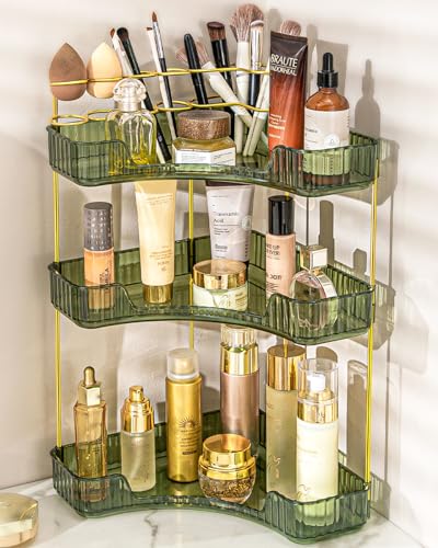 NATURE'S SOURCE Makeup Organizer for Vanity, 3-Tier Corner Bathroom Organizer Countertop with Makeup Brush Holder, Corner Counter Storage for Bathroom Dresser- Green - color: Green, size: 3-Tier
