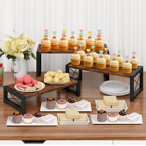 ELITEROO 3 Tier Cupcake Stand & Wood Display Risers, Dessert Stands for Cup Cake or Food, Riser Display Stand for Perfume Collectibles, Tiered Shelf Organizer for Market Retail Vendors, Rustic Brown - color: Rustic Brown