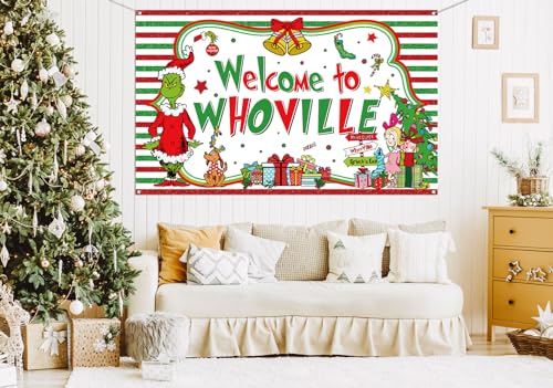 Sunwer Welcome Xmas Photo Booth Backdrop Green Christmas Winter Holiday Party Decorations Home Indoor Outdoor Wall Hanging Banner (White-A, 7×5ft) - size: 7×5ft