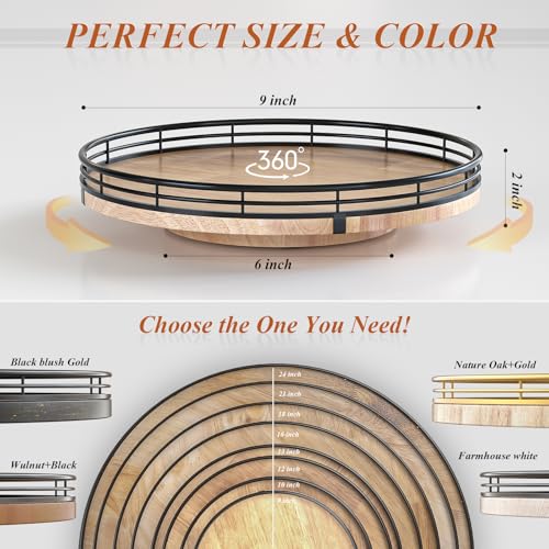 9" Oak Wood Lazy Susan Turntable Organizer for Cabinet, Round Wooden Farmhouse Lazy Susan Organization and Storage for Dining Table, Pantry, Kitchen, Countertop, Cupboard,Home Decor - color: Brown & Black, size: 9 inches