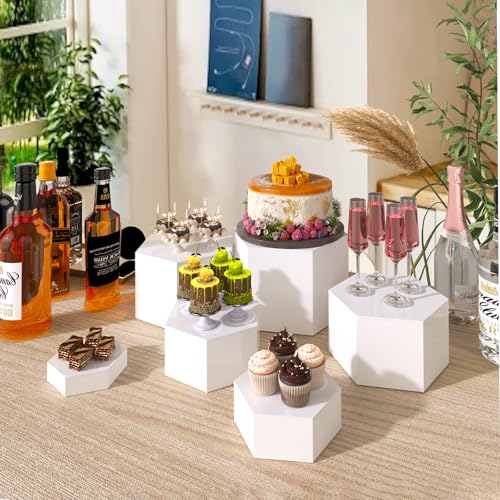 Buffet Risers, Food Display Risers for Party, White Acrylic Risers Display Stand for Buffet Table, Catering Displays for Dessert, Cube Box Nesting Riser with Hollow Bottoms (5"x6"x7"x8"x9"x10" 6PCS Hexagonal White) - color: 5"x6"x7"x8"x9"x10" 6PCS Hexagon