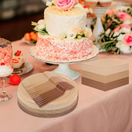 Serves 35 Guests Gradient Brown Plates and Napkins Party Supplies,7" Gradient Brown Birthday Dessert Paper Plates and Napkins,Disposable Party Dinnerware for Wedding,Graduation - color: Gradient Brown