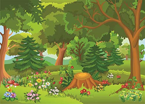 BELECO 5x3ft Fabric Cartoon Forest Backdrop Fairytale Forest with Flowers Mushroom Phtography Backdrop for Birthday Party Decoration Baby Shower Kids Game Photoshoot Photo Background Props L-0020 - size: 5x3FT